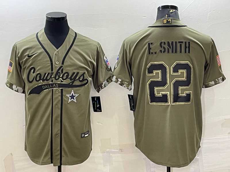 Mens Dallas Cowboys #22 Emmitt Smith 2022 Olive Salute to Service Cool Base Stitched Baseball Jersey